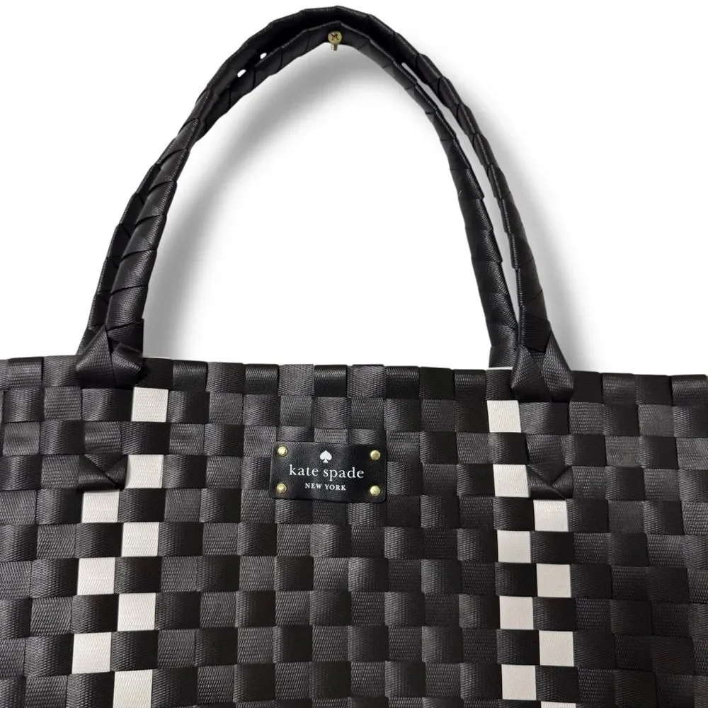 Kate Spade Large Woven Tote Black White Checkered Coastal Clean Girl Style
